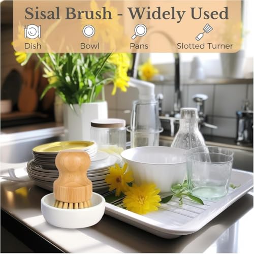 Bamboo Dish Brush, Natural Dish Scrub Brush for Kitchen, Wooden Dish Scrubber, Dish Washing Brush for Dishes, Pots, Pans, Sink Cleaning