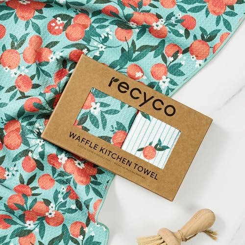 RECYCO Waffle Kitchen Towel Set of 2 - Quick Dry Microfiber Sustainable Dish Towels - Ultra Absorbent Reusable Cleaning Tea Towels - Lightweight Hand Towels,16”x 28”, Clementine Grove - color: Clementine Grove