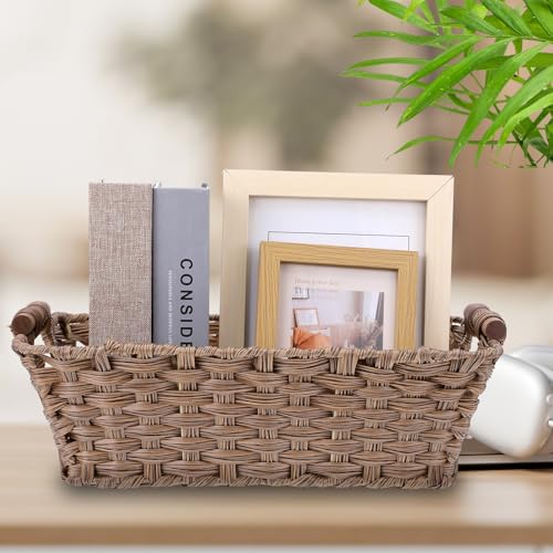2 Pack Large Waterproof Wicker Storage Basket – 15"x10.6"x5.1" Brown Polypropylene Woven Baskets with Wood Handles & Metal Frame for Pantry, Bathroom, Bedroom, Patio
