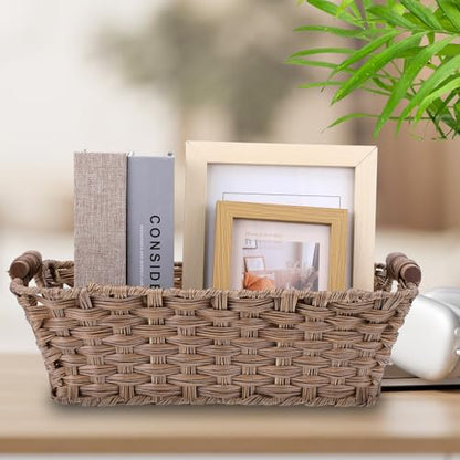 2 Pack Large Waterproof Wicker Storage Basket – 15"x10.6"x5.1" Brown Polypropylene Woven Baskets with Wood Handles & Metal Frame for Pantry, Bathroom, Bedroom, Patio