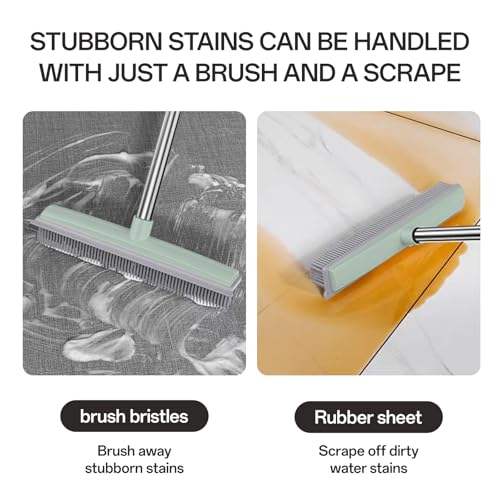 Rubber Broom with Hair Removal Gloves for Carpet Pet Hair Remover,50 inch Long Handled Fur Remover Rake,Portable Detailing Lint Brush,Pet Removal Fluff Carpet,Hardwood Floor,Tile,Green