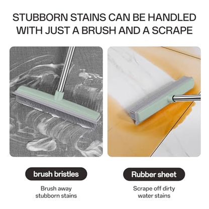 Rubber Broom with Hair Removal Gloves for Carpet Pet Hair Remover,50 inch Long Handled Fur Remover Rake,Portable Detailing Lint Brush,Pet Removal Fluff Carpet,Hardwood Floor,Tile,Green