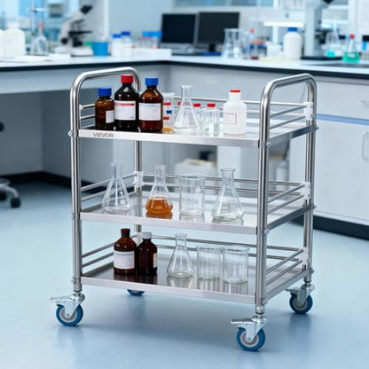 VEVOR Stainless Steel Rolling Cart, 3-Tier Metal Utility Cart with Lockable Wheels, Medical Serving Trolley Clinic Tray, Mobile Service Cart for Hospital, Lab, Restaurant, Kitchen, Salon - size: 3-Layer Shelf