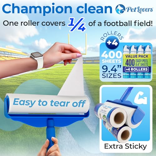 PetLovers Large Lint Roller with 3 Refills – 400 Total Sheets for Tackling Pet Hair, Extra Large Floor and Carpet Roller for Homes with Pets, Perfect for Floors, Furniture, and Loving Pet Owners - size: 4 Pack Floor Lint Roller