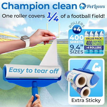 PetLovers Large Lint Roller with 3 Refills – 400 Total Sheets for Tackling Pet Hair, Extra Large Floor and Carpet Roller for Homes with Pets, Perfect for Floors, Furniture, and Loving Pet Owners - size: 4 Pack Floor Lint Roller