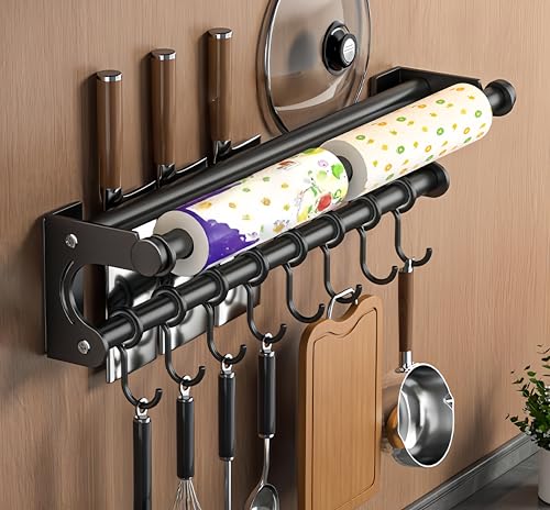 Multifunctional Kitchen Storage Rack, No-Drill Adhesive Wall Mounted Utensil & Pot Rack for Paper Towel, Utensils&Pot Lids, Stainless Steel Rustproof RV Organizers for Kitchen Bathroom (15.7" 8 Hooks) - color: black, size: 15.74inch 8hook