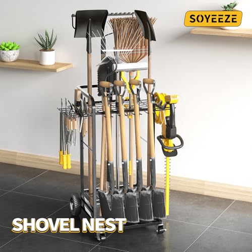 SOYEEZE Garden Tool Organizer with Large Wheels, Heavy Duty 3-Tier Yard Tower Tool Rack for Garage, Holds Up to 35 Long-Handled Tools, Garden Tool Cart with 12 Hooks for Tool Organization Storage