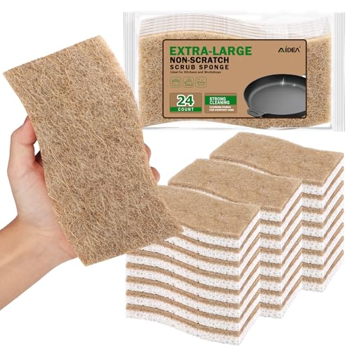 AIDEA XL Scrub Sponges Non-Scratch, 24Count, Large Natural Sponge for Non Stick Cookware, Sponges Kitchen, Cellulose Cleaning Sponge for Dishes, Kitchen, Bathroom, Household - color: Brown-extra Large