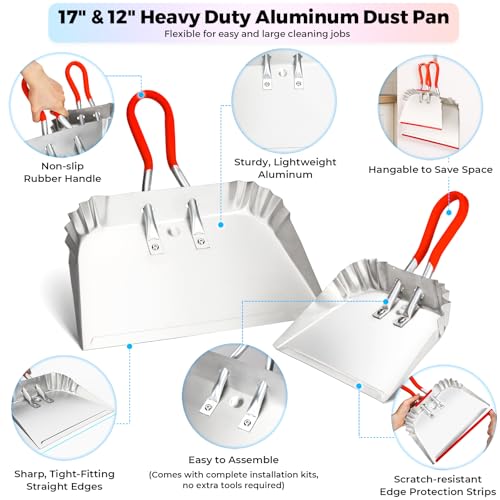 2 Pack Metal Dust Pan 17" and 12", Aluminum Heavy Duty Dust Pans with Non-Slip Rubber Handle, Large and Small Dustpan Set, Lightweight for Sweeping, Garage, Leaf, Household & Outdoor Cleaning