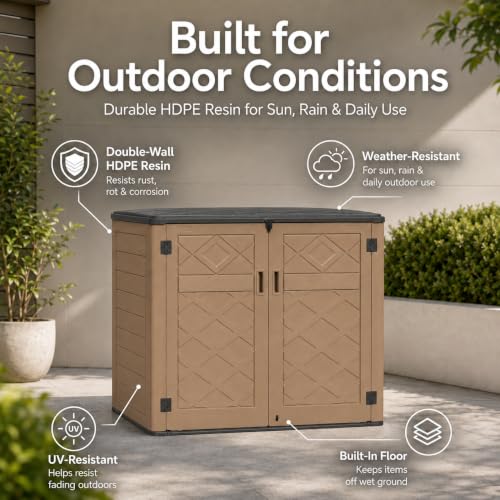 ADDOK 38 Cu.Ft Outdoor Storage Shed with Floor,Large Waterproof Resin Storage Cabinet with Lift-Up Lid,Double Doors and Lockable Design for Lawn Mower,Garden Tools, Patio,Backyard and Pool Supplies - size: Coffee 38 Cu.Ft