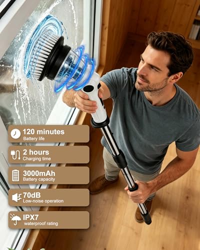 Cordless Electric Spin Scrubber, IPX7 Waterproof with 8 Replaceable Brush Heads, 3 Speeds & 6 Adjustable Angles, Extension Handle and LCD Display, for Bathroom, Bathtub, Kitchen & Wall Cleaning