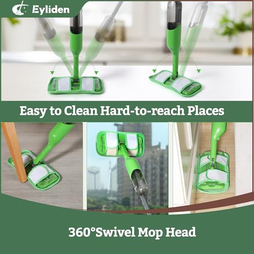 Eyliden Spray Mop for Hardwood Tile Vinyl, Small Spaces Cleaning, 13 Pads | 12 Disposable & 1 Washable Pad, Works with Cleaner, 360° Head, 13oz Bottle, No Bucket, Wet Dry Floor Sweeper for Apt Dorms RV
