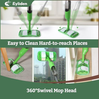 Eyliden Spray Mop for Hardwood Tile Vinyl, Small Spaces Cleaning, 13 Pads | 12 Disposable & 1 Washable Pad, Works with Cleaner, 360° Head, 13oz Bottle, No Bucket, Wet Dry Floor Sweeper for Apt Dorms RV