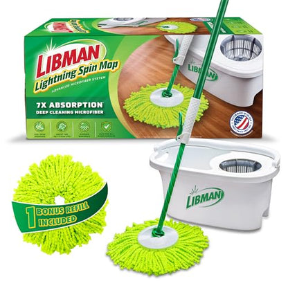 Libman Lightning Spin Mop System Plus 1 Refill Head | Mop and Bucket with Wringer Set | Floor Mop | Spin Mop | Libman Mop | Mops for Floor Cleaning | Hardwood Floor Mop | 2 Total Mop Heads Included - style: Spin Mop +1 Refills