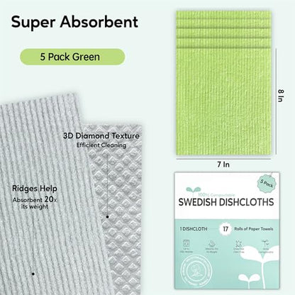 Swedish Dishcloths for Kitchen, 5 Pack Swedish Dish Cloths, Ultra Absorbent Reusable Paper Towels, Cellulose Sponge Cloths, Quick Drying, No Odor, Dishwasher Safe Green - color: Green