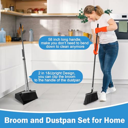 Lallisa 4 Pack Commercial Broom and Dustpan Combo Set 58'' Long Handle Upright Broom with 4-Layer Bristles Standing Dustpan Heavy Duty Lobby Dust Pan Bulk for Home Kitchen Office Indoor Outdoor Use