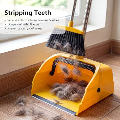 Jumbo Commercial Dustpan with Wheels & Comb Teeth - Heavy Duty 14.2" Rolling Debris Pan - Long Handle Extra Large Upright Dust Pan for Industrial Warehouse Garage Restaurant Sidewalk Outdoor - Yellow - color: Yellow
