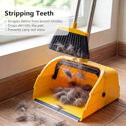 Jumbo Commercial Dustpan with Wheels & Comb Teeth - Heavy Duty 14.2" Rolling Debris Pan - Long Handle Extra Large Upright Dust Pan for Industrial Warehouse Garage Restaurant Sidewalk Outdoor - Yellow - color: Yellow
