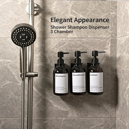 Shampoo Dispenser for Shower Wall, Shampoo and Conditioner Dispenser with 16 Waterproof Labels, Shower Dispenser 3 Chamber No Drill, Shower Soap Dispenser Wall Mounted for Bathroom, 17oz, Amber - color: 2-amber Bottle + Black Pump