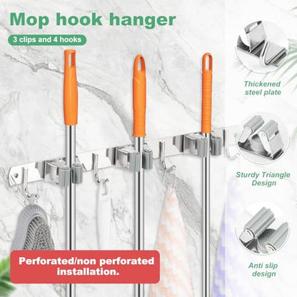 Mop Broom Holder Wall Mount, Non Slip Broom Mop Holder, Broom Organizer, Stainless Steel Broom Hanger Wall Mount for Home Kitchen Garden Laundry Garage, 2 Mounting Methods (Style 1) - color: Style 1
