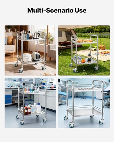 VEVOR Stainless Steel Rolling Cart, 2-Tier Metal Utility Cart with Lockable Wheels, Medical Serving Trolley Clinic Tray, Mobile Service Cart for Hospital, Lab, Restaurant, Kitchen, Salon - size: 2-Layer Shelf