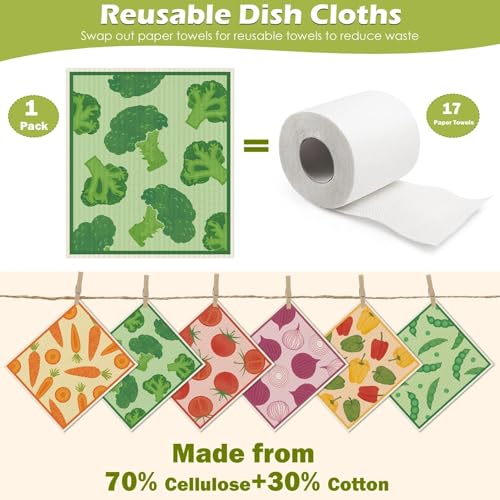 6 Packs Swedish Paper Cloths for Kitchen, Reusable Paper Towels Washable Dish Rags, Highly Absorbent Kitchen Towels Quick Drying Swedish Sponge Cleaning Dish Cloths (Vegetables) - color: Vegetables