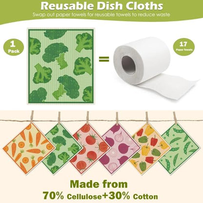 6 Packs Swedish Paper Cloths for Kitchen, Reusable Paper Towels Washable Dish Rags, Highly Absorbent Kitchen Towels Quick Drying Swedish Sponge Cleaning Dish Cloths (Vegetables) - color: Vegetables