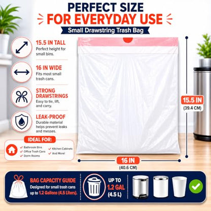 1.2 Gallon (240 Bags) Small White Drawstring Trash Bags Code A 4.5 Liter Bathroom Mini Garbage Bags 1 Gallon Wastebasket Can Liners for Home Office Bins, 240 Count
