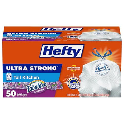 Hefty Ultra Strong 13 Gallon Trash Bags, Tall Kitchen Trash Bags 13 Gallon Size, Resist Leaks, Punctures, and Rips, Continuous Odor Control, White, Fabuloso Scent, 50 Bags - size: 1 Count (Pack of 50)
