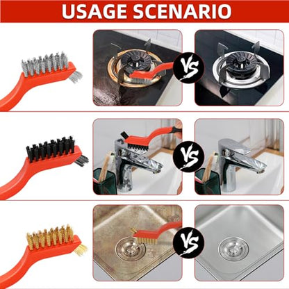 6pcs Wire Brushes for Cleaning Rust, Upgrade Wire Brush Set - Brass/Stainless Steel/Nylon Bristles, Small Metal Wire Brush with Curved Handle Grip, Wire Brushes for Paint and Stain, 7 Inches - style: 6pcs