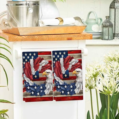 American Flag Kitchen Towels Set, Ultra Absorbent Dish Towels Quick Drying Microfiber Hand Towel Decorative Large Blue Red USA Flag Eagle Wreath Tea Towel Dishcloths for Kitchen Cleaning 18"x28" - size: 1 Pack