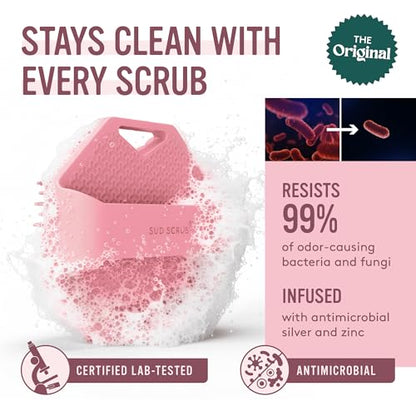 Sud Scrub® Antimicrobial Silicone Body Scrubber, Exfoliating Body Brush for Sensitive Skin, Antibacterial Shower Scrubber for Body, Bathroom Essentials for Men & Women, Pink - color: Pink