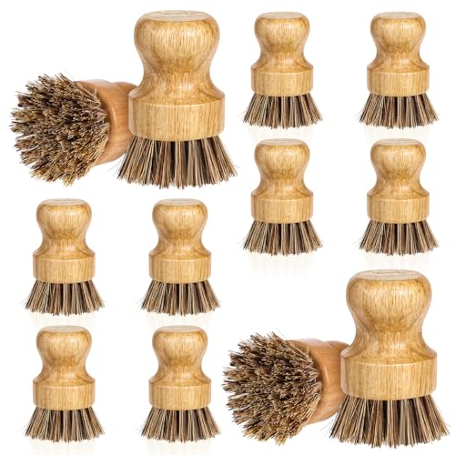 12 Packs Bamboo Dish Scrub Brush Wooden Washing Scrubbers with Sisal Bristles Kitchen Palm Pot Brush Round Mini Dish Brushes for Household Iron Pot Pan Sink Sink Vegetables Cleaning (Brown) - color: Brown