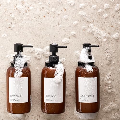 Stylish Shampoo and Conditioner Dispenser Set of 3 for Wall Mount - Modern Drill Free 21oz Shower Soap Bottles with Labels - Easy Refill Body Wash Dispensers for an Instant Bathroom Decor Upgrade