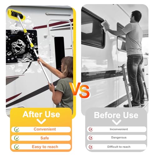 LAANPOLE 12FT Car Wash Brush with Long Handle, Car Cleaning Brush with 12 Inch Soft Bristle and Soap Dispenser, Solar Panels Cleaner with Telescoping Pole for RV, Truck, Boat, House Siding, Yellow - color: Yellow