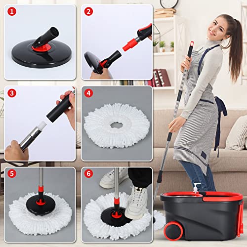 Spin Mop and Bucket with Wringer Set on Wheels, 360° Spinning Mop Bucket System with 3 Microfiber Mop Replacement Heads and 61" Stainless Steel Adjustable Handle for Floor Cleaning (25QT) - color: Black-3