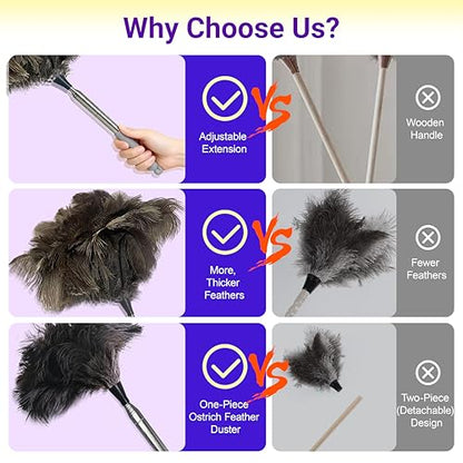 NCEDN Genuine Ostrich Feather Duster 40 Inches - Extendable Stainless Steel Handle, 8 Inches Long Thick Feathers, Telescopic Duster for Ceiling Fans, Blinds, Furniture, Car, Washable - color: Natural