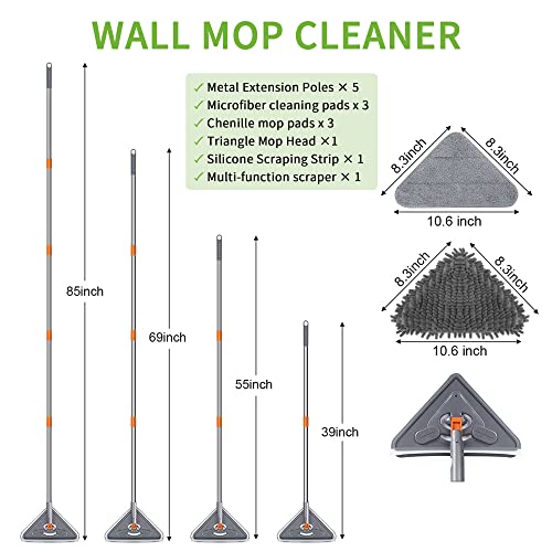 Long Handle Wall Mop 85 Inch, Wall Cleaner Ceiling Duster Extension Pole 39" to 85", 360° Rotatable Baseboard Wall Window Duster, Dry Dust /Wet Wash Cleaning Tool with 6 Replacement Chenille Pads