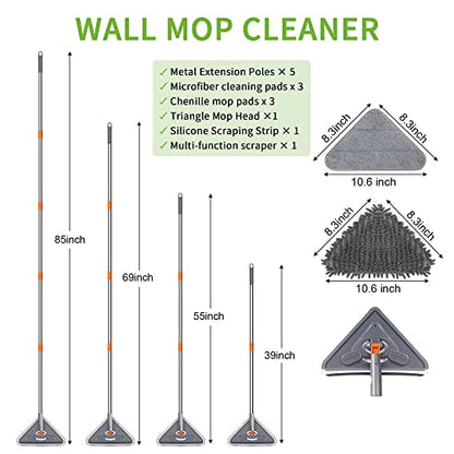 Long Handle Wall Mop 85 Inch, Wall Cleaner Ceiling Duster Extension Pole 39" to 85", 360° Rotatable Baseboard Wall Window Duster, Dry Dust /Wet Wash Cleaning Tool with 6 Replacement Chenille Pads