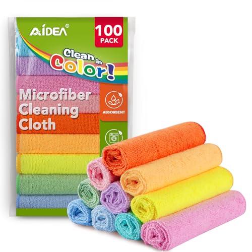 AIDEA Microfiber Cleaning Cloth, 100PK, Lint-Free Vibrant Cleaning Rags, Microfiber Towels for Cars, Kitchen Cloth, Dusting Cloth for Home, Window, Cleaning Supplies, 11.5"×11.5" - color: Multi-colored