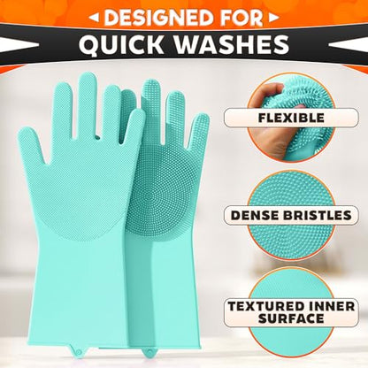 ALPENKOK Silicone Dishwashing Gloves with Scrubber – Non-Slip Silicone Gloves for Washing Dishes | Household Use - color: Turquoise