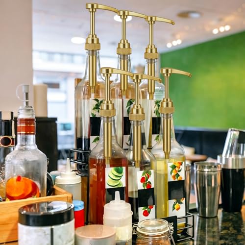 Maxdot 12 Pcs 25 oz Syrup Bottles with Pump Long Neck Bottles Plastic Syrup Pump Dispenser for Coffee Bar Accessories Home Party (Gold) - color: Gold