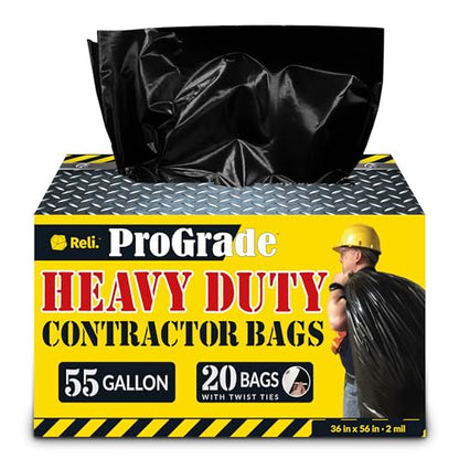 Reli. Contractor Garbage Bags 55 Gallon | 20 Trash Bags | Heavy Duty | Black Contractor
