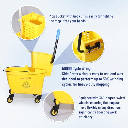 35QT Side-Press Mop Bucket and Wringer Combo on Wheels, Yellow,Including One Heavy Duty Industrial Mop and One Set Large Rubber Cleaning Gloves