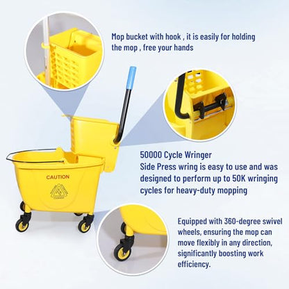 35QT Side-Press Mop Bucket and Wringer Combo on Wheels, Yellow,Including One Heavy Duty Industrial Mop and One Set Large Rubber Cleaning Gloves