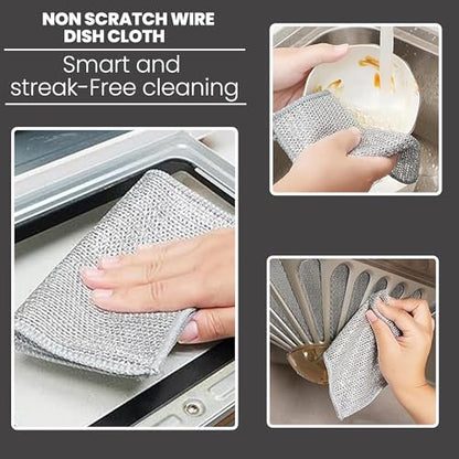 CrafTreat Non Scratch Wire Dishwashing Rag, 10 Pack Double Layer Reusable Wire Dishcloth, Silver Mesh Metal Cleaning Cloth for Pots, Pans, Sink, Steel Cookware, Wet & Dry Cleaning
