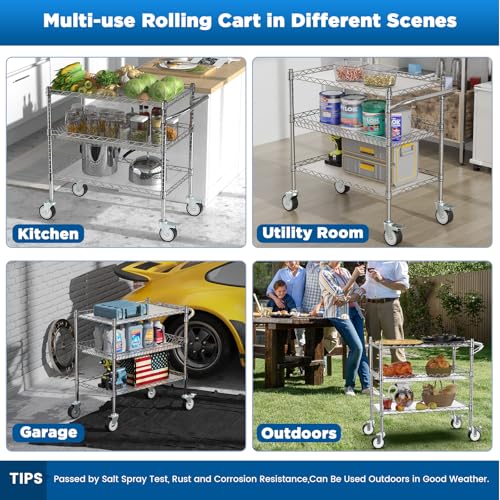 Leteuke 3 Tier Rolling Carts with Wheels, Heavy Duty Rolling Utility Cart,NSF Commercial Grade Metal Cart with Handle&Shelf Liner,Trolley Serving Cart for Kitchen,Restaurant,Plant Display,Chrome - color: Matte Chrome
