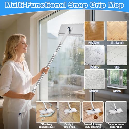 Snap Grip Mini Mop with 6 Washable Pads, Zero-Touch Flat Floor Mops for Wall Window Ceiling, Lazy Dry Wet Mops with 47" Handle, Dust Mop Household Items for Floor Cleaning for Home Kitchen Bathroom