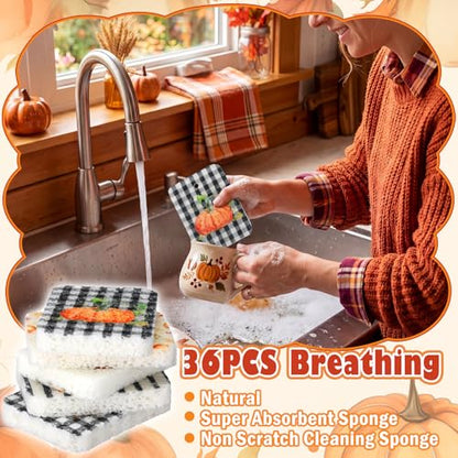 Hahafelt 36 Pack Fall Pumpkin Compressed Cellulose Sponges Bulk Pop up Autumn Natural Kitchen Compostable Non Scratch Dish Sponges for Washing Dishes, Cleaning Countertop Sink - style: Fall Pumpkin