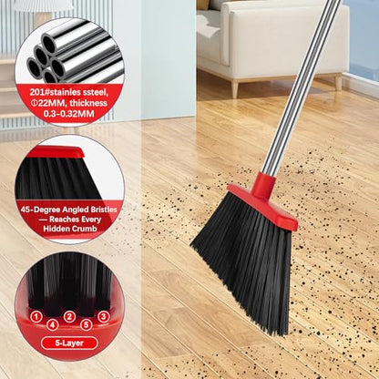 Heavy Duty Angle Broom, 55-Inch Long Handle Extra Wide 12.6 Inch Head, Stainless Steel Tube & PP Bristles for Pet Hair and Dust, Floor Safe - Red - color: Red